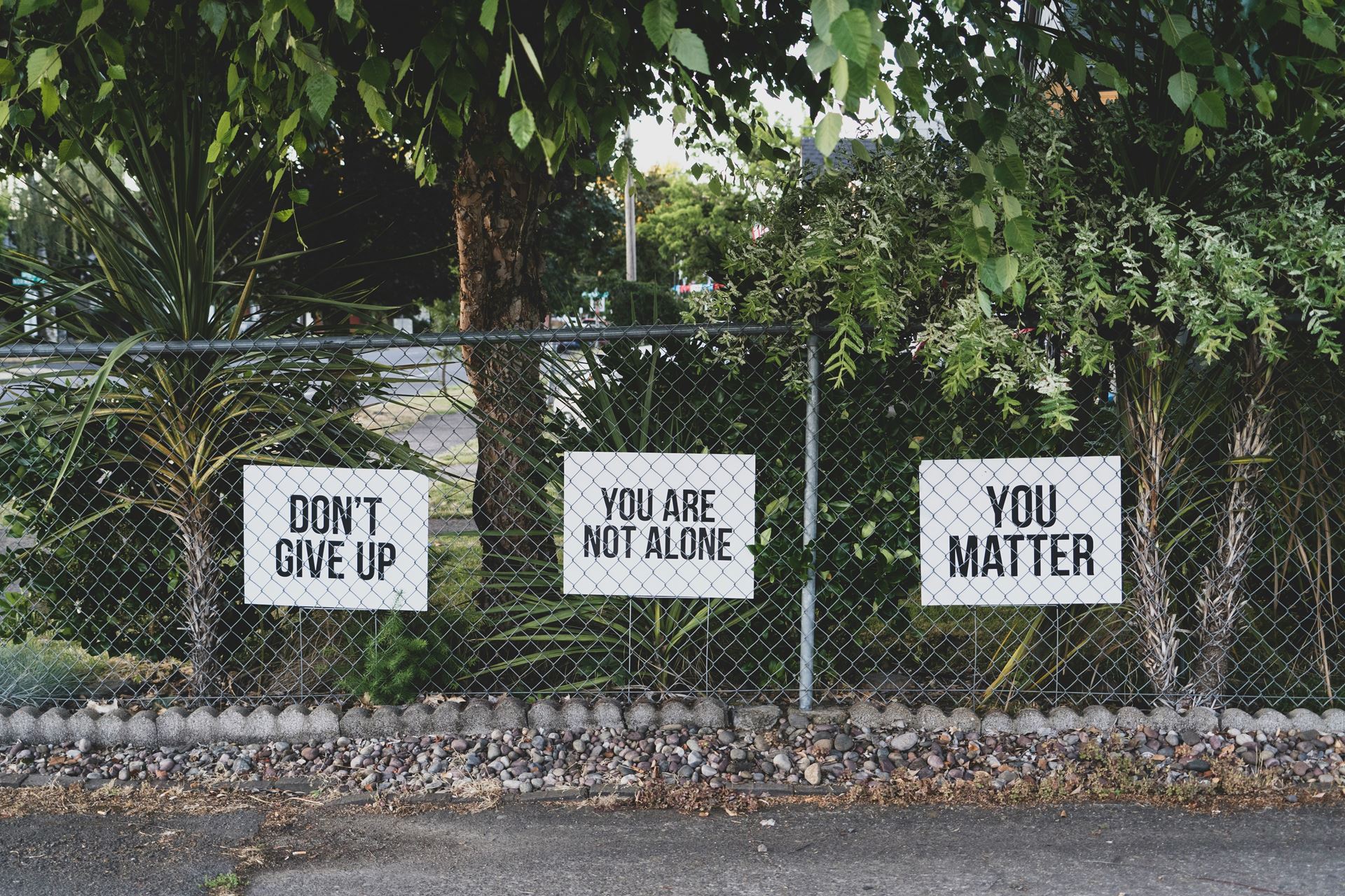 signs on a fence saying don't give up